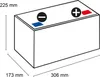 A diagram of a car battery with dimensions indicated. Produktbild-Vorschau