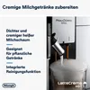 A close-up of a coffee machine dispensing frothed milk into a glass, with descriptive text about its features. Produktbild-Vorschau