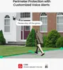A security camera system is shown with a person walking on the grass, triggering an alert. Produktbild-Vorschau