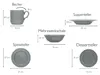 Diagrams showing the dimensions of various pieces of tableware. Náhľad obrázku produktu