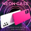 A white and pink phone case are displayed against a dark background with neon light rings. Produktbild-Vorschau