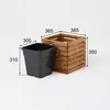 A dark gray plastic planter insert next to a wooden planter box, with dimensions indicated by lines and numbers. Náhľad obrázku produktu