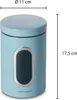 A light blue metal storage canister with a silver-rimmed window and measurement indicators for diameter and height. Produktbild-Vorschau