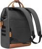 The back view of a dark gray backpack with brown leather accents and straps. Anteprima dell’immagine prodotto