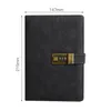 A product shot of a black notebook with a combination lock, with dimensions indicated. Náhľad obrázku produktu
