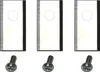 Three replacement blades and screws for a lawnmower.
