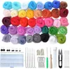 A collection of colorful wool roving and felting tools arranged on a white background. Produktbild-Vorschau