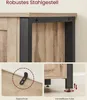 Close-up of a wooden sideboard with black metal accents, showing details of its construction and features. Produktbild-Vorschau