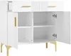 A white sideboard with gold accents and open doors, revealing shelves. Produktbild-Vorschau