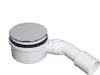 A white shower drain with a silver top and a white pipe attachment. Produktbild-Vorschau