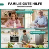 A collage showing a family interacting in different home settings, with text overlays indicating communication. Produktbild-Vorschau