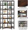 A corner bookshelf with various decorative items and books on its shelves, accompanied by feature callouts. Produktbild-Vorschau