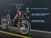 An e-bike is shown on a road with text overlays describing its features. Produktbild-Vorschau