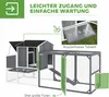 Diagram showing a wooden chicken coop with features highlighted by text and arrows. Produktbild-Vorschau