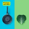 A frying pan is shown on a blue background, and a cabbage leaf is shown on a green background. Text overlay indicates "Premium non-stick". Produktbild-Vorschau