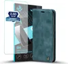 A teal flip cover phone case and a screen protector are displayed against a white background. Produktbild-Vorschau