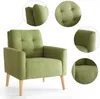 A green armchair with wooden legs, shown from the front and with close-up insets of its details. Voir les images du produit