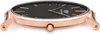 Close-up side view of a Daniel Wellington watch with a black dial and rose gold case. Produktbild-Vorschau