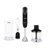 A set of kitchen appliances including a hand blender, a whisk attachment, a beaker, and a chopper attachment, arranged on a white background. Anteprima dell’immagine prodotto