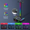 A gaming headset stand with RGB lighting and a wireless charger, showcasing different lighting modes and colors. Podgląd zdjęcia produktu