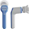 Two views of a cordless electric cleaning brush with a blue and white body and a white brush head. Produktbild-Vorschau