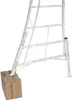 A close-up view of the lower section of an aluminum ladder, with one leg resting on a wooden block. Voir les images du produit