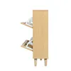 Side view of a wooden shoe cabinet with four flip-down drawers, standing on four tapered legs. Produktbild-Vorschau