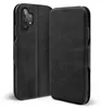 A black leather flip case for a smartphone, shown from two angles. Produktbild-Vorschau