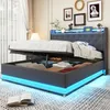 A modern upholstered bed with storage, illuminated by blue LED lights, is shown in a bedroom setting. Produktbild-Vorschau