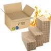 A cardboard box filled with fire starters, with stacks of fire starters in the foreground and flames in the background. Produktbild-Vorschau