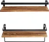 Two wooden shelves with black metal frames, one with an integrated towel bar, against a white background. Náhled obrázku produktu
