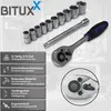 A set of socket wrenches and accessories displayed with feature descriptions. Produktbild-Vorschau