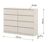 A beige dresser with eight drawers, shown from the front with dimensions indicated. Anteprima dell’immagine prodotto