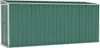 A green metal shed with a silver trim and roof, shown from the front. Náhľad obrázku produktu
