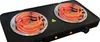 A close-up, angled view of a black electric double burner stove with its heating coils glowing red and orange. Náhľad obrázku produktu