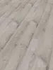 A close-up, angled view of a light gray wood-look vinyl floor. Produktbild-Vorschau