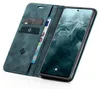A teal flip case for a smartphone, open to reveal card slots and a phone screen displaying the time and date. Produktbild-Vorschau