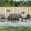 A patio set with chairs and a table is arranged on a paved patio in front of a wooden fence and greenery. Náhľad obrázku produktu