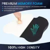 A split image showing the texture and features of a memory foam pillow, with a hand pressing on one side to demonstrate its slow rebound property and a wireframe handprint on the other side. Produktbild-Vorschau