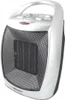 A white ceramic heater with a black mesh front and a silver handle on top. Voir les images du produit