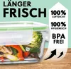 A glass food container filled with vegetables and chicken, with marketing text overlaid. Produktbild-Vorschau