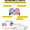 Diagrams and labels illustrating a multifunctional A/C gauge set and its connection to a vacuum pump and a car. Anteprima dell’immagine prodotto