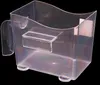 A clear plastic container with a handle and a small attached compartment, isolated on a black background. Produktbild-Vorschau