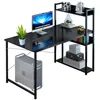 A black computer desk with shelves, a computer monitor, a plant, and a computer tower. Podgląd zdjęcia produktu