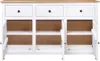 A white sideboard with a wooden top, showing its interior with shelves and open doors. Náhľad obrázku produktu