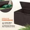 A close-up of a brown outdoor storage box with its lid open, showing two green cushions inside. The image also features text highlighting ease of use and storage. Produktbild-Vorschau
