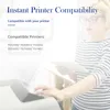A woman in a striped shirt is holding a tablet and looking at a printer. The image has text overlays about printer compatibility. Produktbild-Vorschau