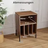 A wooden record player stand with dimensions indicated, placed against a white wall. Voir les images du produit