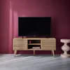 A TV stand with a TV on it, in a room with a magenta wall. Anteprima dell’immagine prodotto