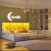 A child's bedroom with a bed, shelves, and decorative lighting.